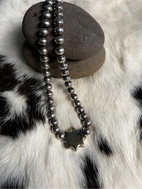 Sterling Silver Bead Necklace with Star Pendant - Silver